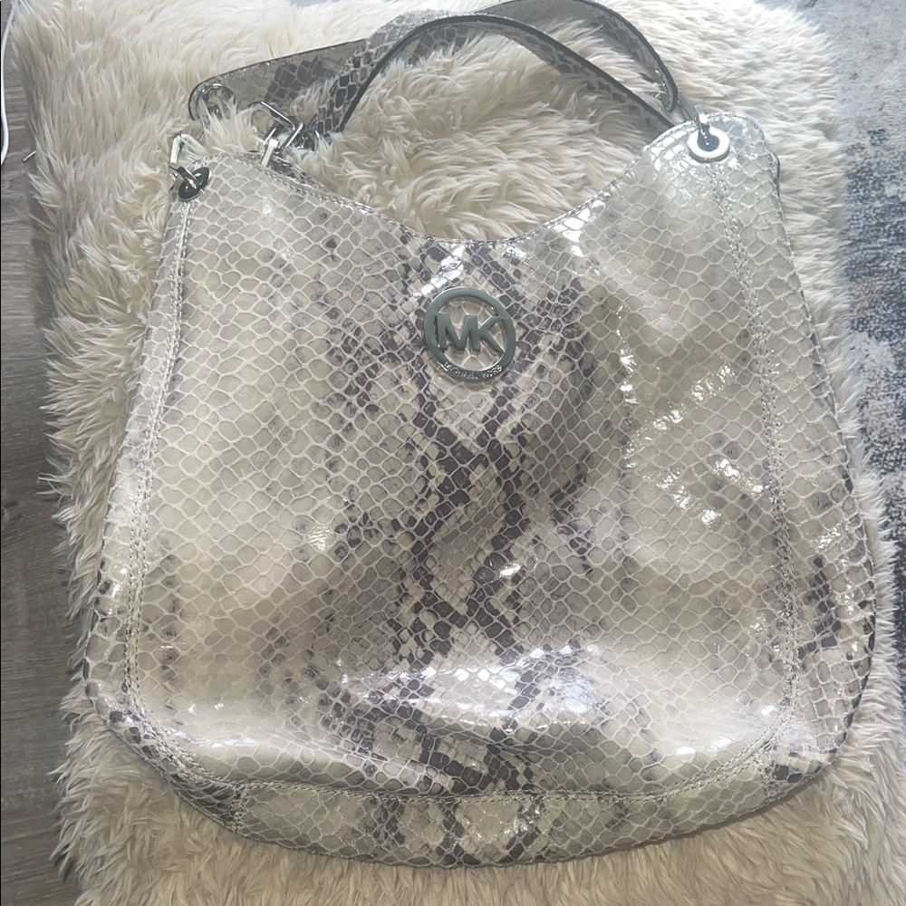 Michael Kors Cream and Gray Snakeskin Hobo Bag
